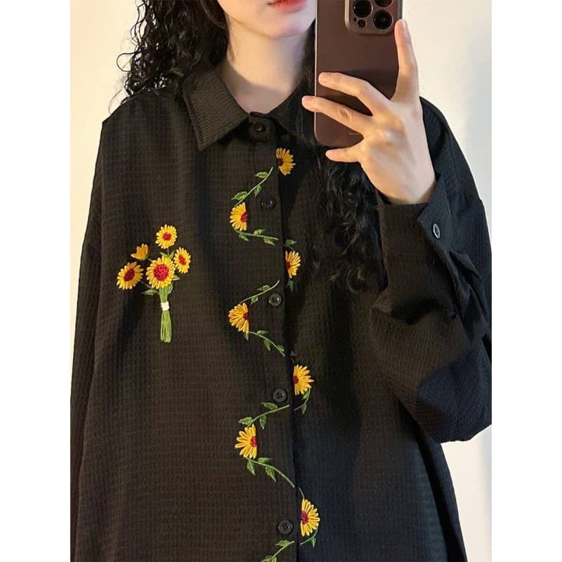 2026 primavera japonês Retro girassol bordado camisa de manga comprida das mulheres dos homens solto estilo Hong Kong na