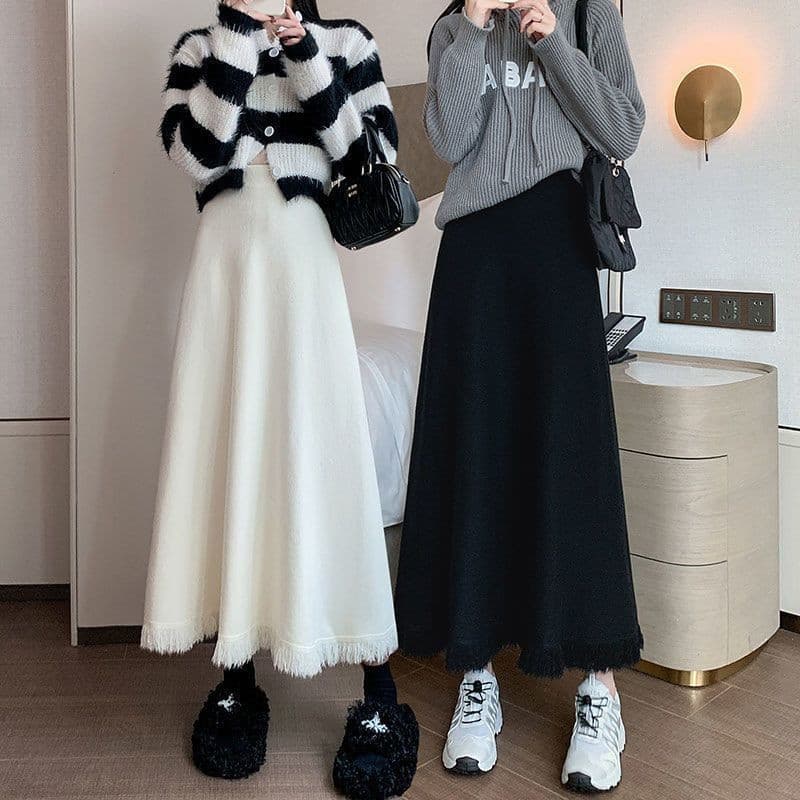 Saia de malha com franjas feminina outono inverno novo estilo cintura alta mais magro olhar saia de lã comprimento médio