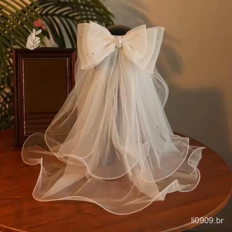 Véu De Noiva Elegante Com Laço Duplo : Capacete De Renda Requintado Para Seu Casamento Grampo De Cabelo Branco Sa