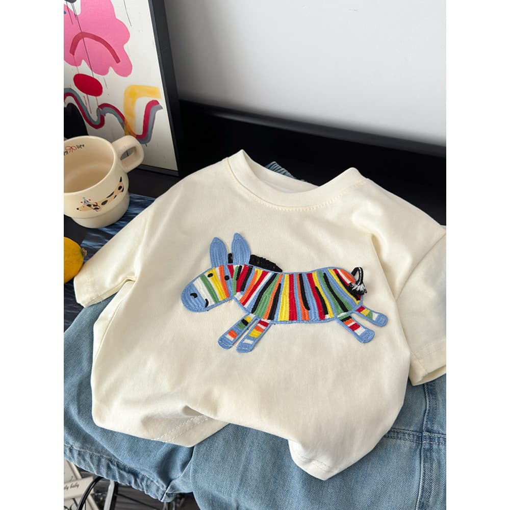 Crianças dos desenhos animados camiseta de manga curta 2025 verão novo estilo bordado camiseta meninos meninas puro algo