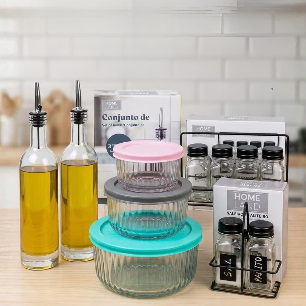 Kit Cozinha Nova Home Land -  Conjunto Bowls, Dispenser Azeite e Vinagre, Porta Temperos + Brinde