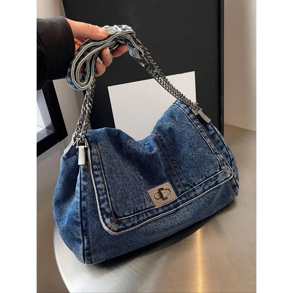 Bolsa de Ombro Simples de Denim com Corrente, Estilo Casual e Versátil, Leve, para Uso Diário, Adequada para Mulheres, B