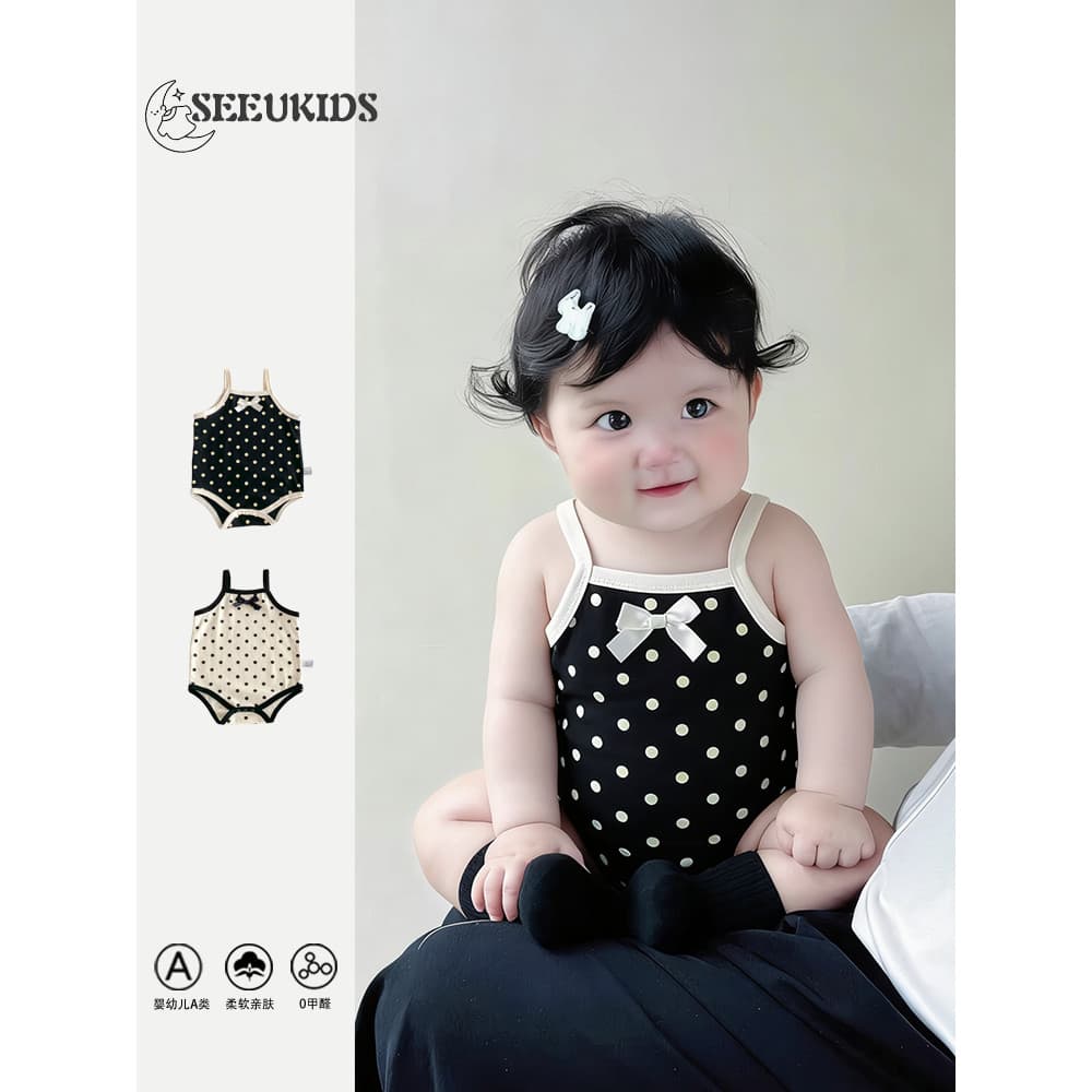Verão estilo fino bolinhas estilo coreano arco estilingue macacão bebê menina sem mangas macacão bonito macacão