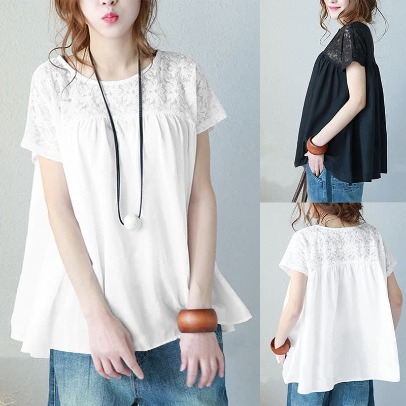 2019 comércio exterior novo estilo tamanho grande cor sólida renda camisa de manga curta camiseta costura superior femin