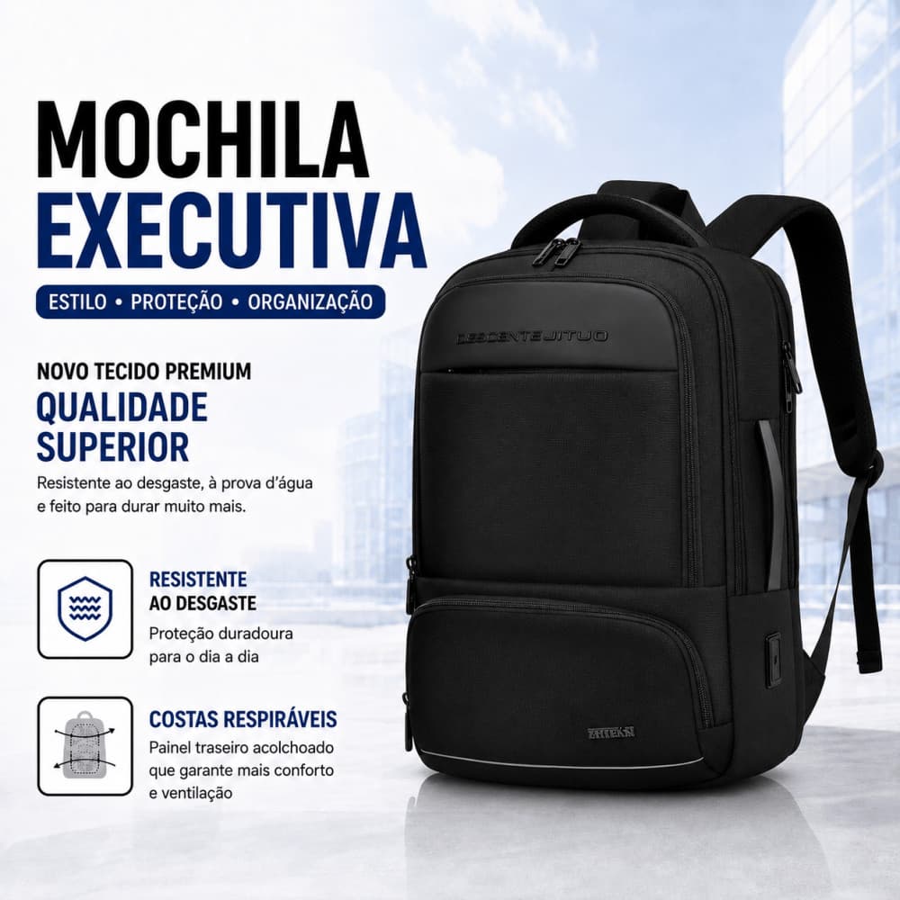Mochila Profissional com Múltiplos Bolsos, Tecido Impermeável, Formato Ergonômico e Alça para Fixar em Malas