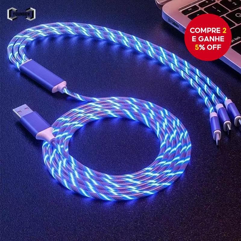 Cabo De Carregamento Rápido Fluindo 3 Em 1 LED Luz Brilhante Com Android Tipo C