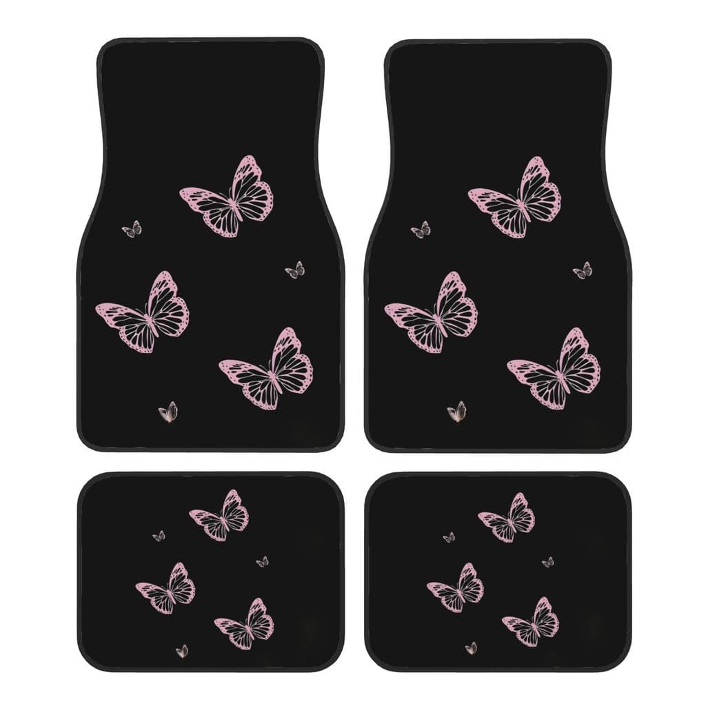 Um conjunto de 4 tapetes de pés de carro borboleta rosa, adequados para carros, caminhões e SUVs. Fornecem forte proteçã