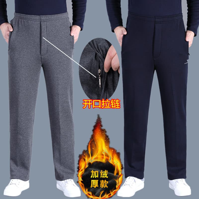 Inverno de meia-idade idosos calças esportivas forro de lã masculino engrossado elástico frente carcela zíper aberto mai