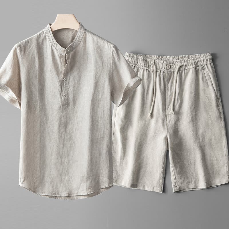 High-End terno de linho puro camisa de verão masculina Shorts de manga curta terno Casual algodão linho roupas masculina