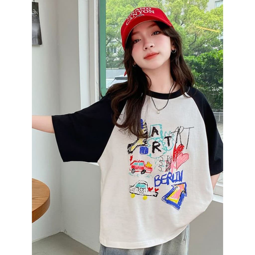 Algodão puro meninas camiseta de manga curta verão 2026 novo estilo meninas versão coreana moda manga topo crianças solt