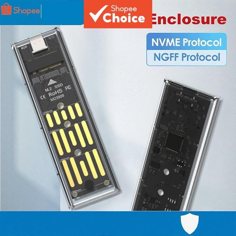 Gabinete Transparente para SSD M.2 NVMe, Armazenamento Externo com Protocolo Duplo NGFF/NVMe