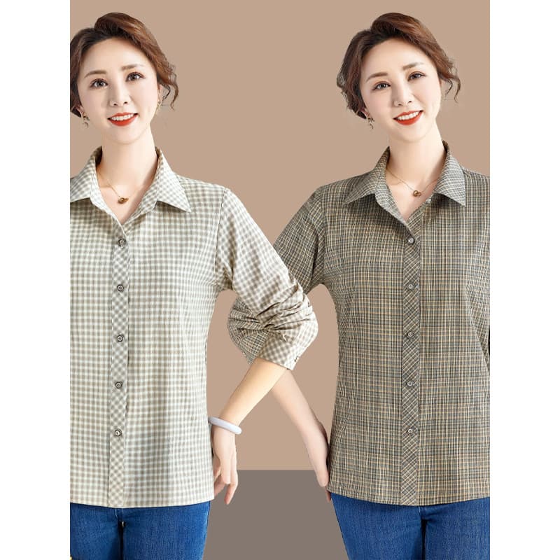 Camisa xadrez de algodão puro para mulheres idosas de meia-idade, primavera outono, novo estilo, solta, redutora de idad