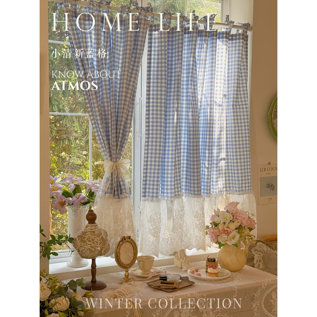 Cortina de porta xadrez azul coreana, decoração com cadarço, meia cortina fofa de renda, país americano, cortina curta,