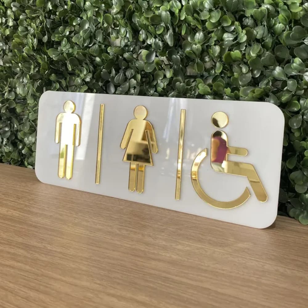 Placa Sinalização Banheiro Masculino Feminino Pcd Indicação WC Unissex Acrílico 10x25cm