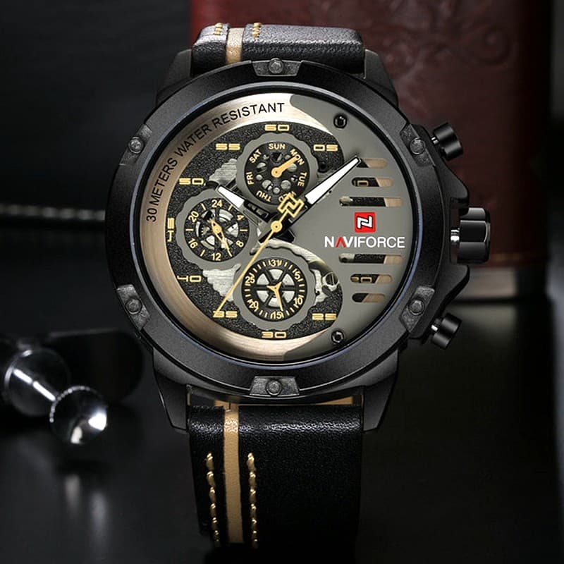 Naviforce Street Wear Relógio masculino de três olhos e seis mãos de couro genuíno moda forças especiais street wear 911
