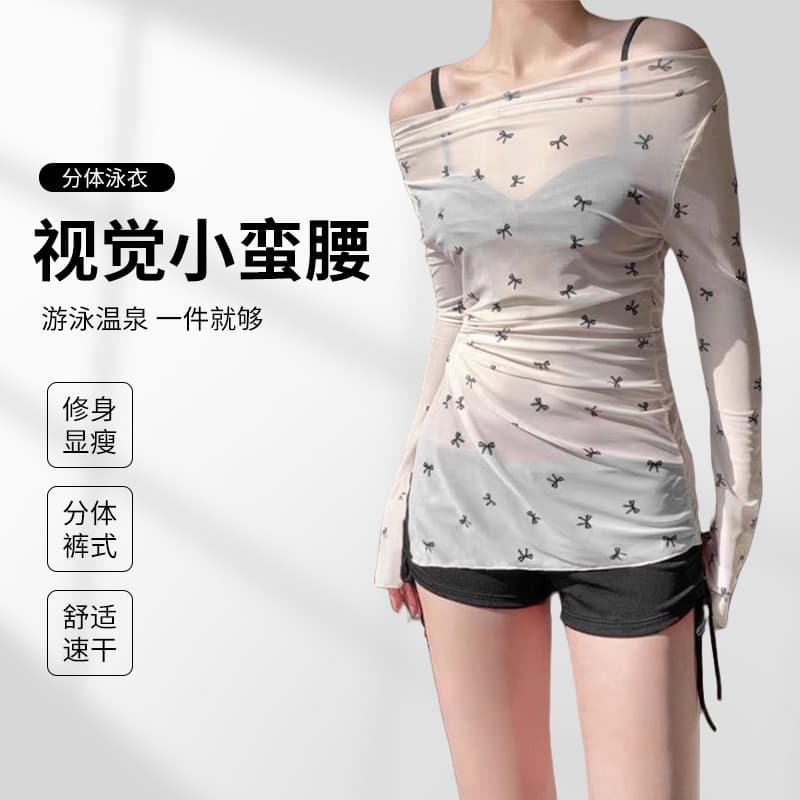 2025 novo estilo maiô feminino puro desejo estilo elegante blusa de manga comprida Halter pescoço biquíni dividido amarr