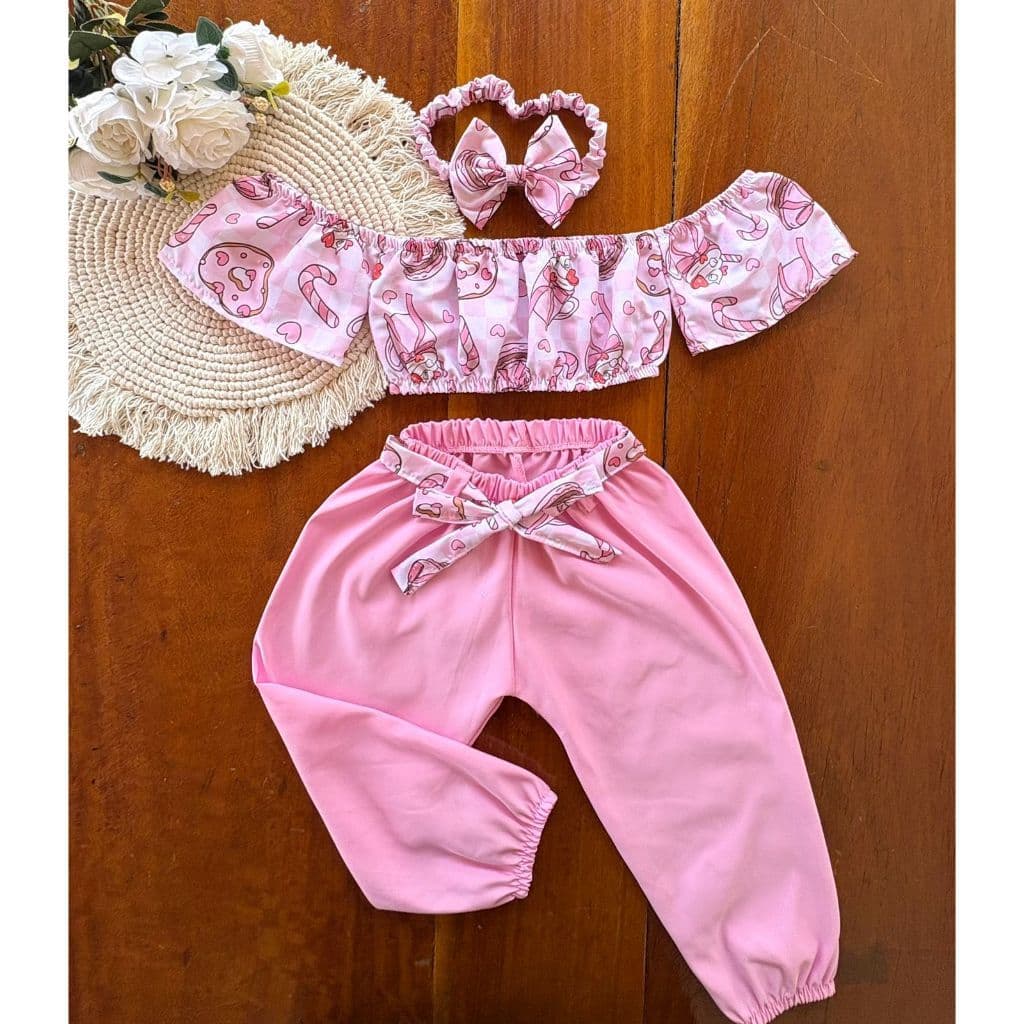 Conjunto Infantil Feminino - Calça + Cropped + Tiara (Tamanho Único - 1 a 2 anos)