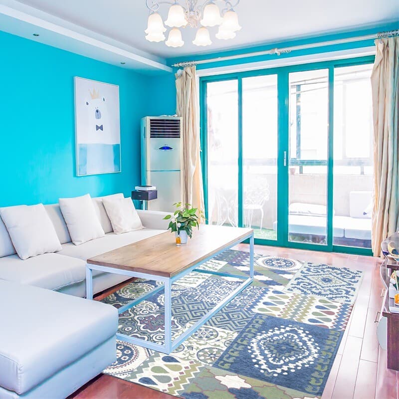 Pequeno tapete quarto sala de estar mesa café sofá retangular cabeceira tapete mediterrâneo azul branco verão