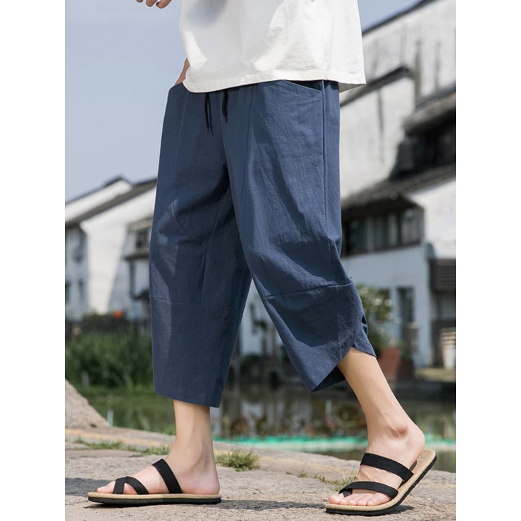 Calças cortadas masculinas verão fino praia Shorts estilo chinês calças cortadas Retro Casual calças médias tamanho gran