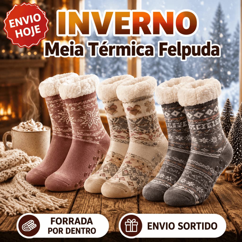 Kit Meias Térmica de Lã Grossa Cano Alto Felpuda Quentinha Inverno Antiderrapante Masculina Feminina