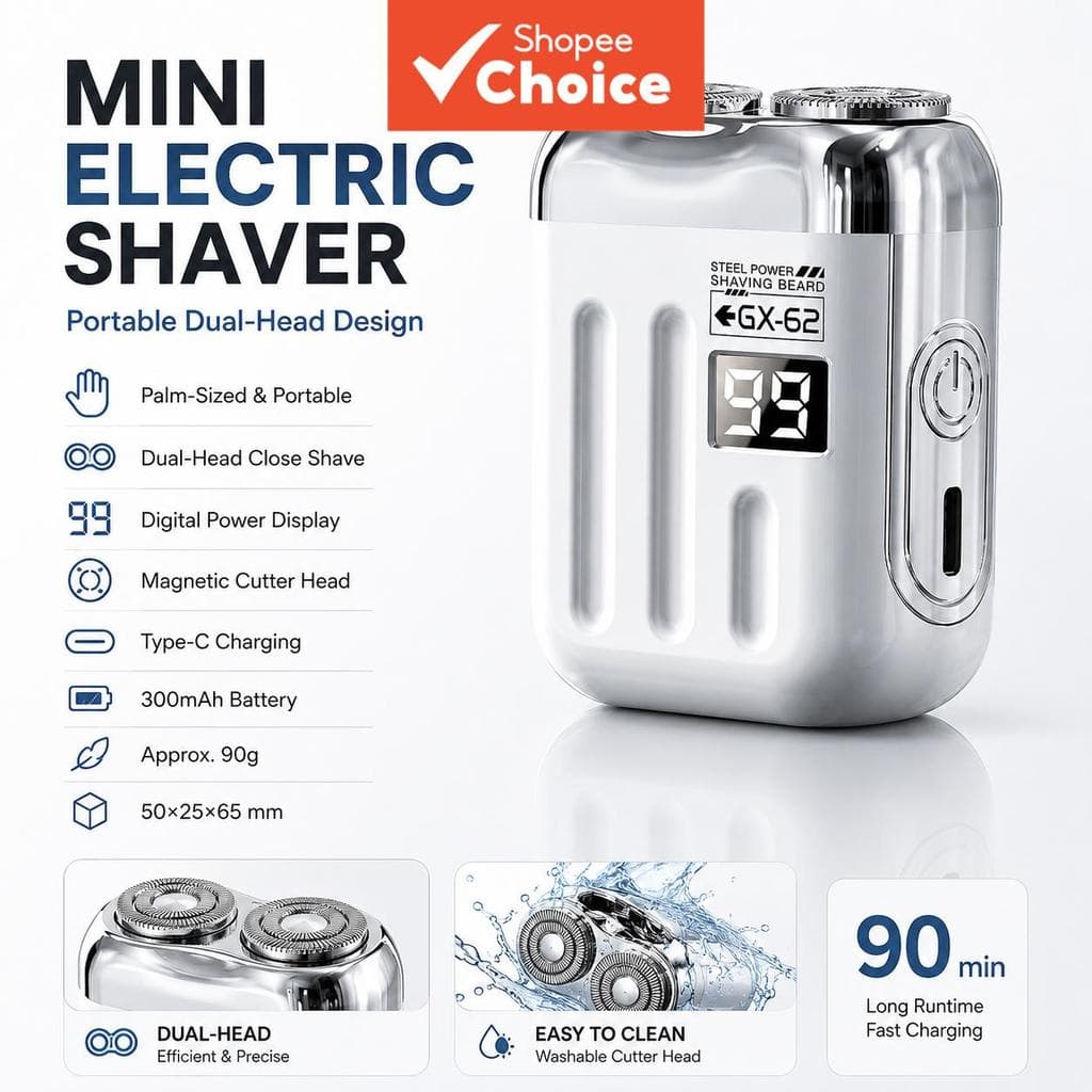 Mini Barbeador Elétrico com Dupla Cabeça, Display Digital de Bateria, Cabeça Magnética, Recarregável Tipo-C, Bateria