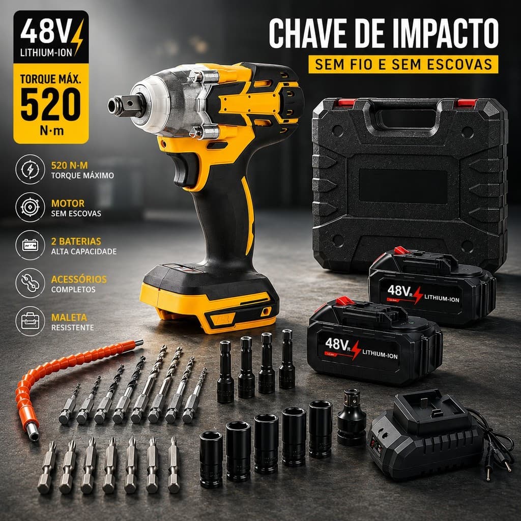 Chave de Impacto 48V 480NM Brushless Sem Fio Parafusadeira Furadeira Elétrica 2 Baterias Kit Ferramentas Completo