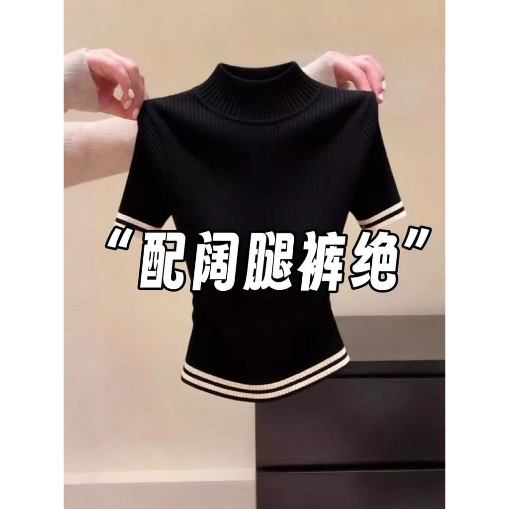 High-End bens europeus meia gola alta de manga curta camisa de fundo de malha feminina primavera outono interior magro-a