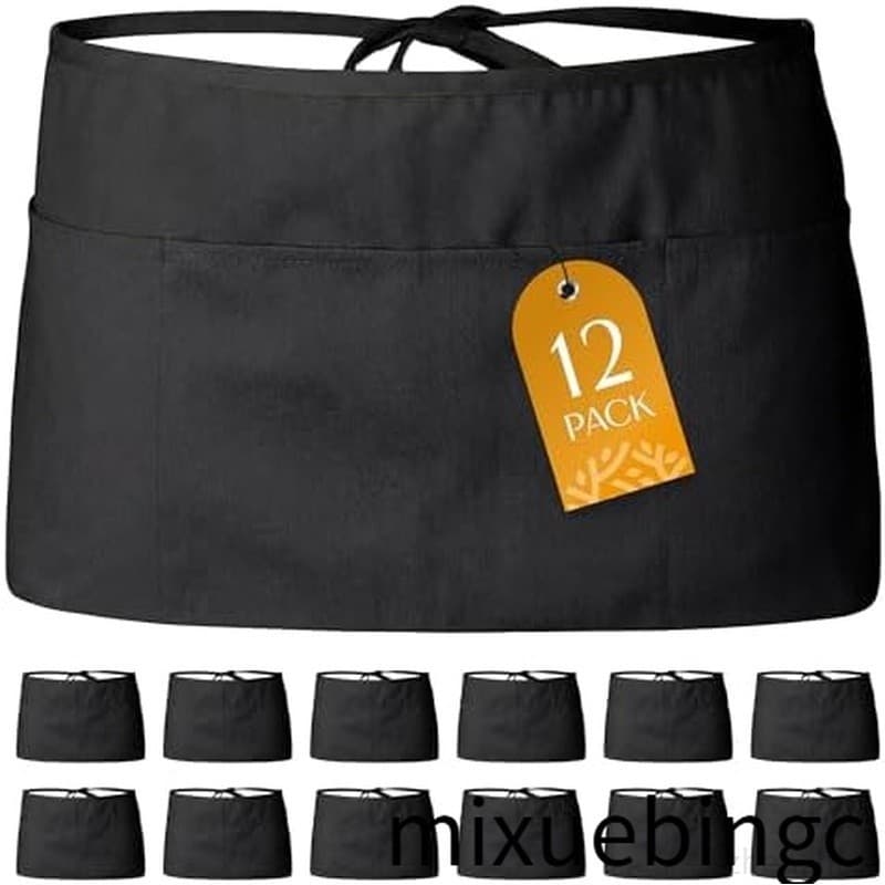 Pacote Clássico Branco Com 12-Aventais Pretos Para Cintura De Servidor 3 Bolsos , Meio Avental Garçonete