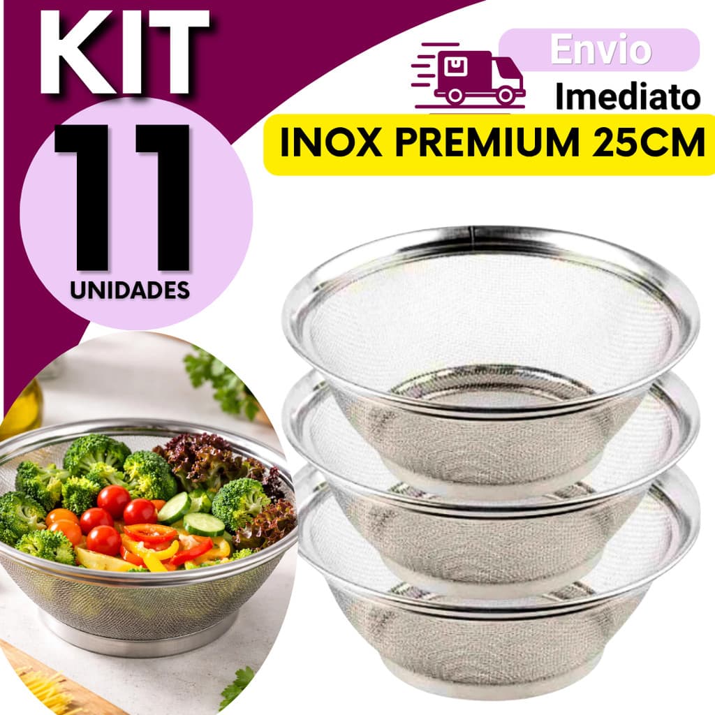 KIT Cesta Cesto Escorredor Inox 25cm Multiuso 5, 7, 9 ou 11 unidades Para Lavar Alimentos Frutas Legumes Arroz Massas