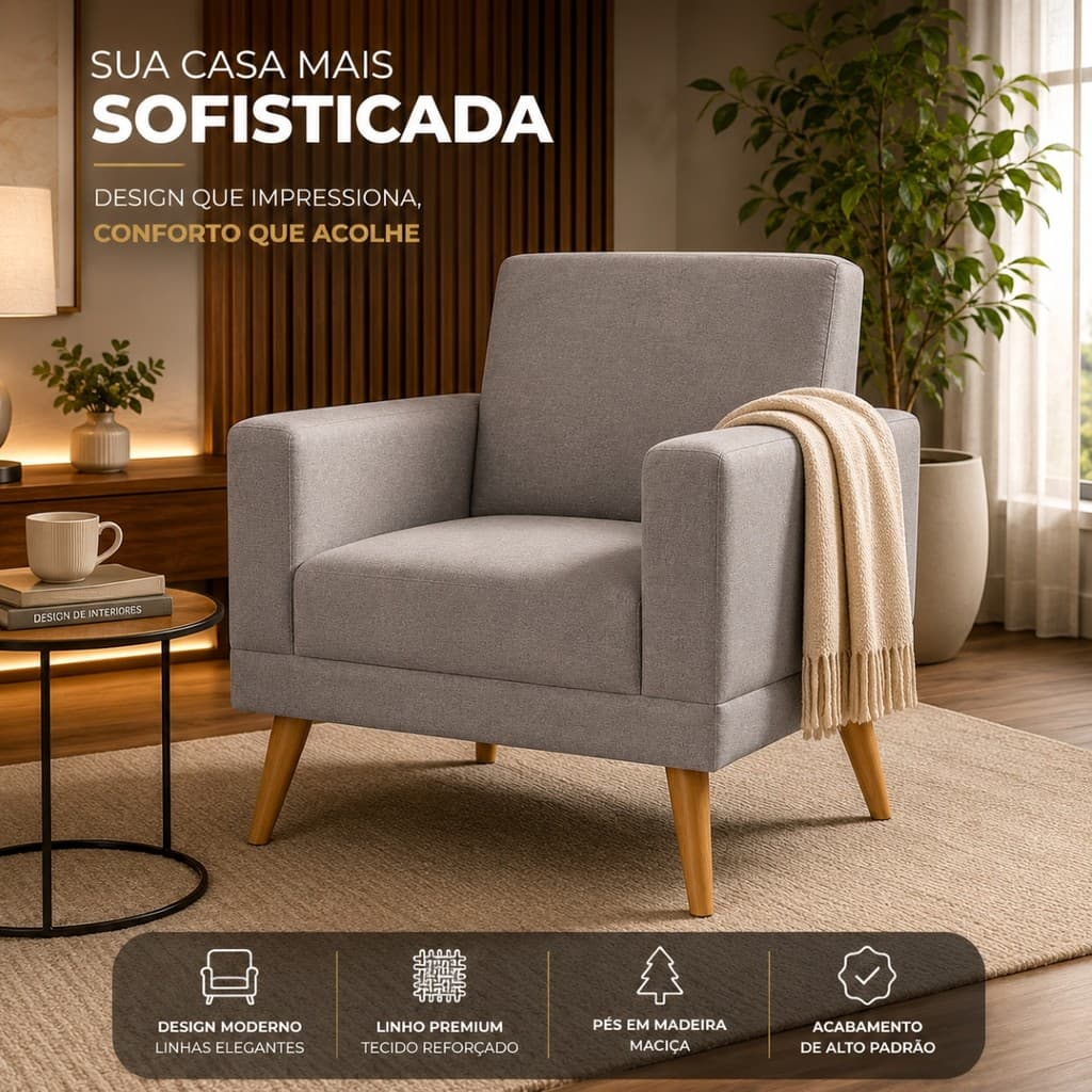 Poltrona Linho Luxo Sala Recepção Moderna Reforçada Confortável Pé Palito Decorativa Madeiras Maciça