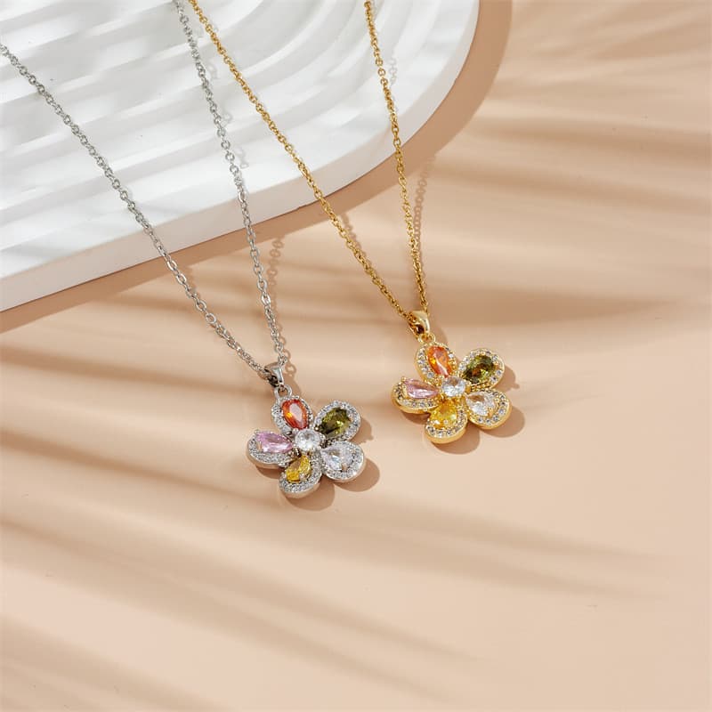 Novo estilo colorido incrustado zircão cinco pétalas flor colar feminino nicho Design luz luxo High-End pingente jóias