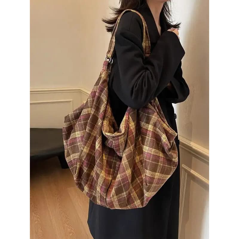 Bolsa Tote Feminina com Padrão Xadrez, Bolsa de Ombro Casual de Grande Capacidade para Trabalho e Uso Diário, Bolsa Mode