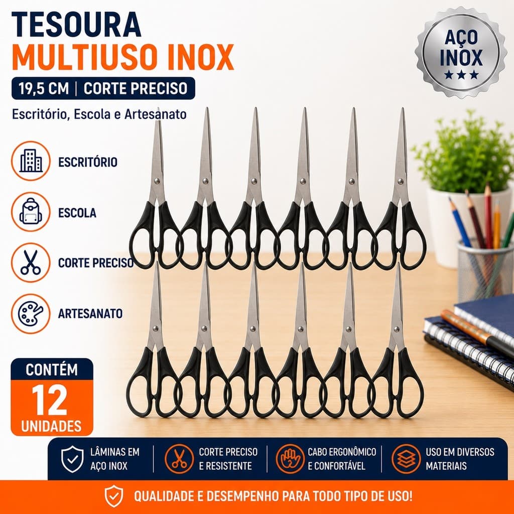 kit 12 Tesoura Multiuso Inox 19,5 cm Corte preciso Escritório, Escola e Artesanato