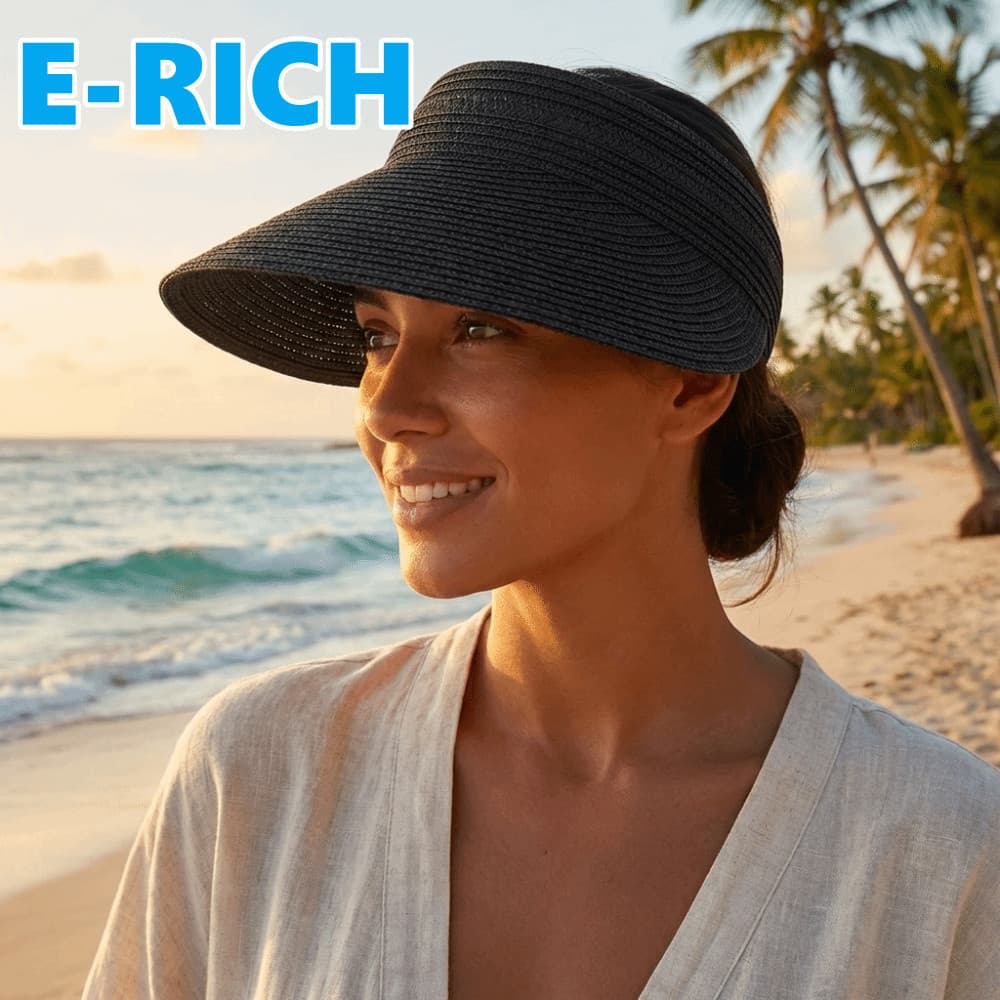 ERICH1 Chapéu Com Viseiras De Verão , Boné De Sol De Palha Respirável De Cor Sólida Rabo De Cavalo Ajustável , Aba Larga