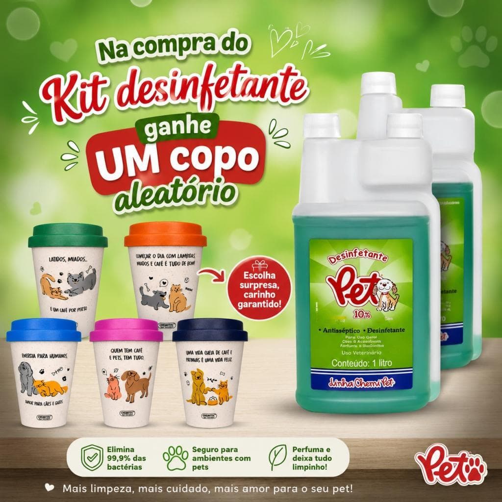 2 Desinfetante Pet 10% Chemitec 1L + Brinde