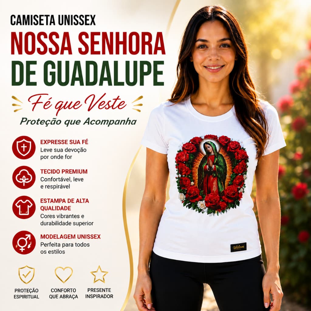 Camiseta Cristã Unissex Nossa Senhora de Guadalupe Confortável Leve 100% Poliéster