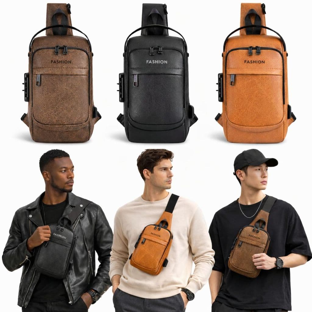 Bolsa Masculina Transversal Sling Bag USB e anti furto, Couro Sintético Resistente à Água Zíper