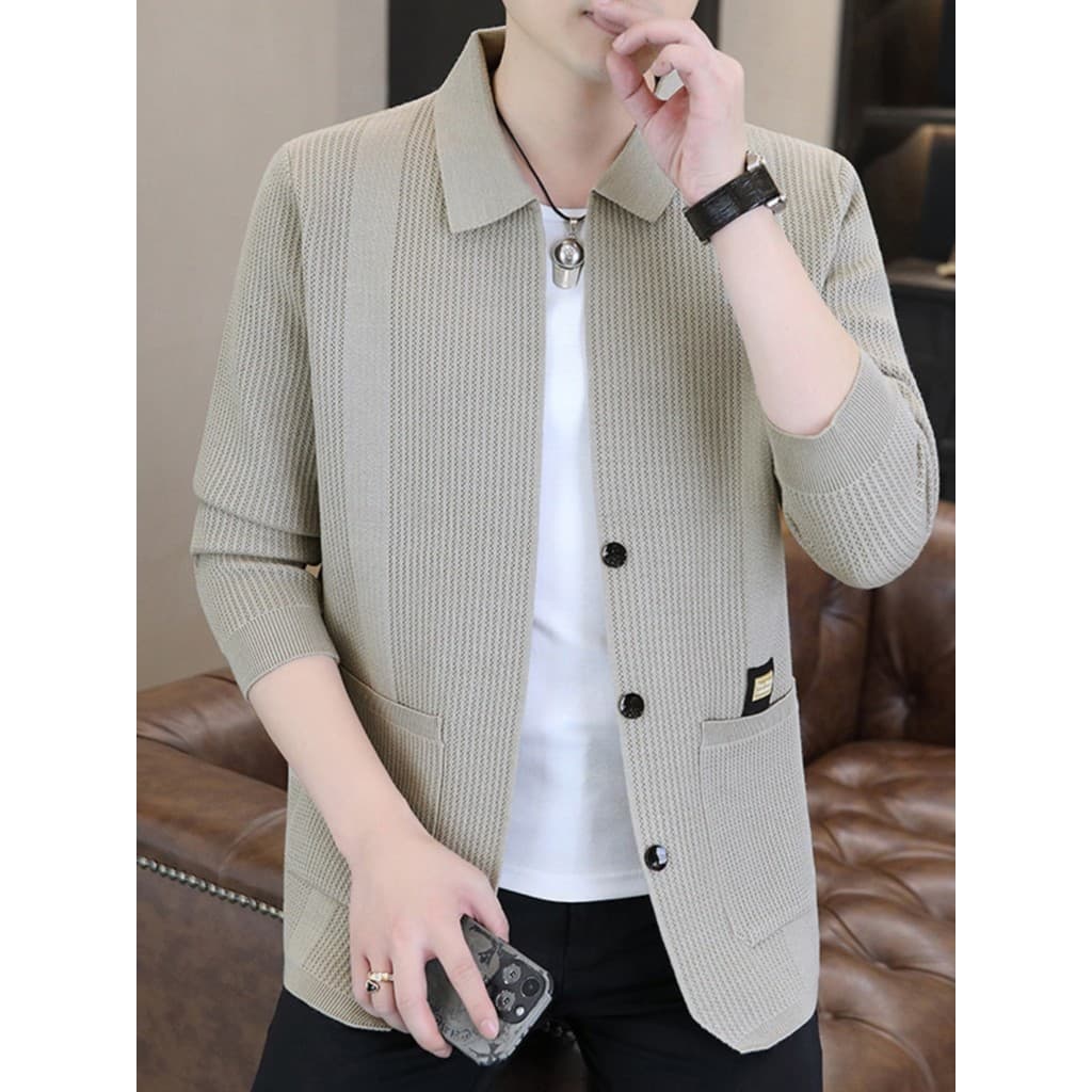 Primavera outono fino lapela Cardigan camisola masculina versão coreana na moda Casual juventude High-End camisola jaque