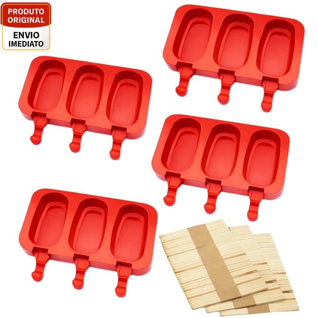 kit 4/2/1 Forma de Sorvete Molde de Picolé de Silicone Com Tampa e 200 Palitos Original