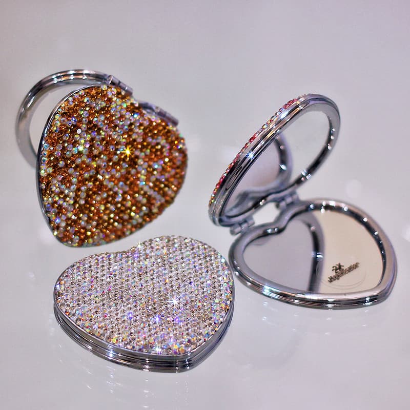 Amor diamante espelho de maquiagem Mini portátil dobrável pêssego coração pequeno espelho senhoras portátil espelho de m