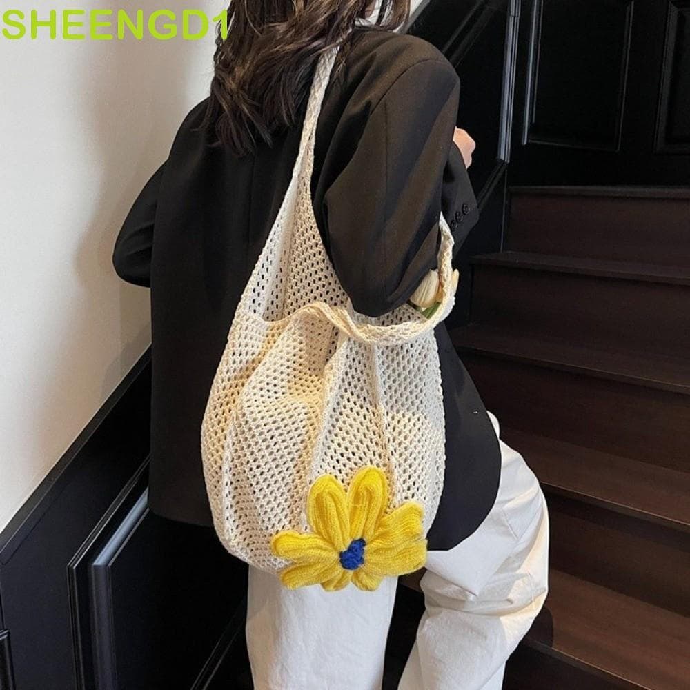 SHEENGD1 Bolsa De Tecido Flor , Ombro De Malha De Cor Sólida , Sacola De Crochê Versátil Boêmia Macia