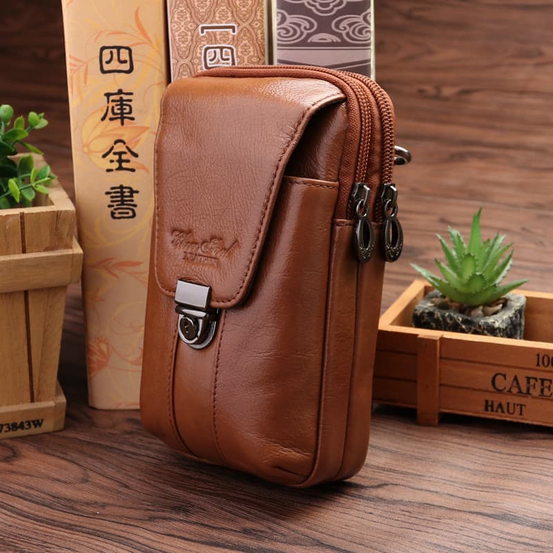 Xizhixiu primeira camada de couro dupla camada cintura saco 18cm 19cm 20cm couro genuíno saco da cintura do telefone móv