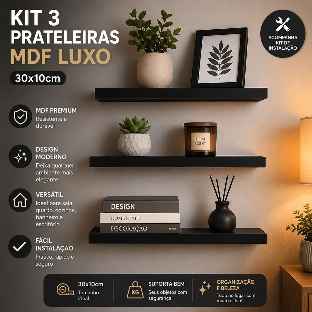 Kit 3 Prateleiras 30x10cm MDF Luxo – Nichos Decorativos para Sala, Cozinha, Quarto e Banheiro com Kit de Instalação