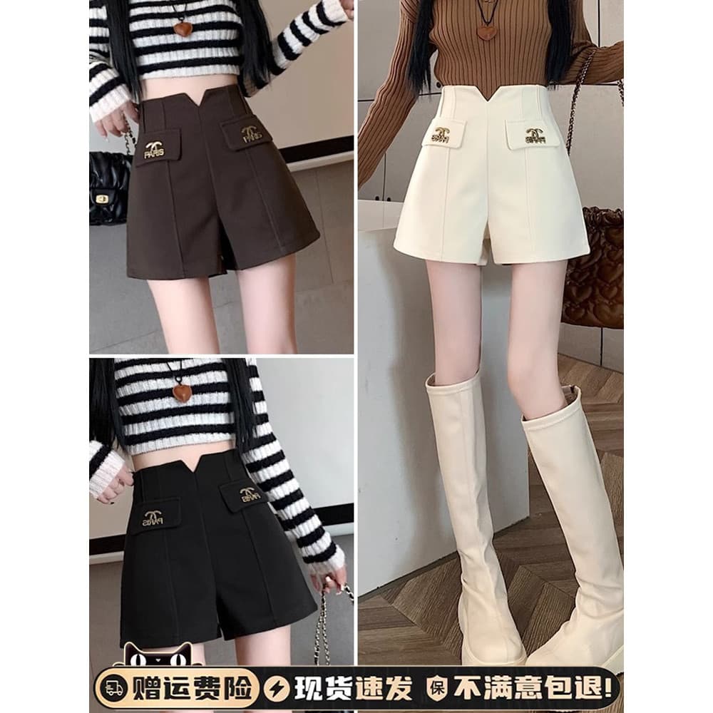 Lã outono inverno branco Shorts feminino exterior Wear 2024 novo estilo cintura alta a linha mais magro olhar estilo Cha