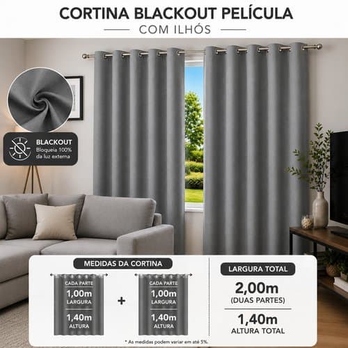 Cortina Blackout Tela Pelicula Com Ilhos Tamanho 200x140 Cinza