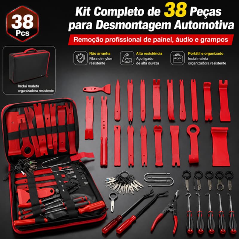 Jogo de Espátulas Nylon Alicates Saca Grampos Presilhas Automotivo 38 Peças  + Maleta Organizador
