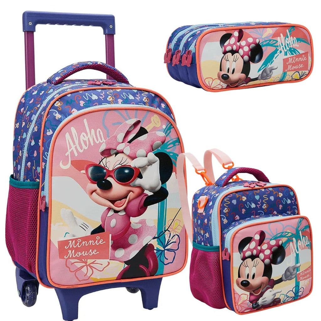 Kit Mochila Rodinha Lancheira Estojo Triplo Minnie Dinsey Xeryus 13220 Aloha