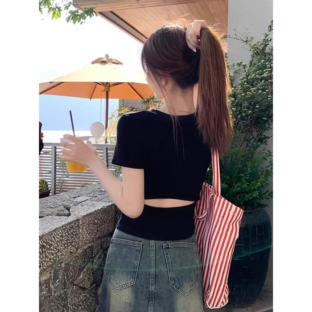 Preto U-pescoço fora da cintura de manga curta camiseta feminina verão quente menina magro Formal ombro mais magro olhar