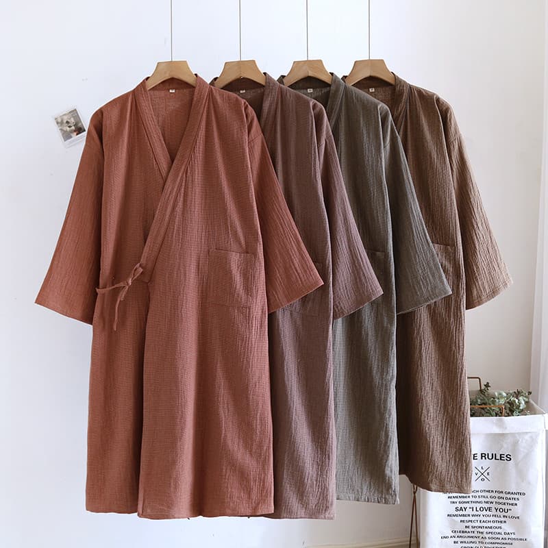 Camisola masculina de algodão puro primavera outono estilo fino japonês quimono pijamas verão rendas Hanfu quatro estaçõ