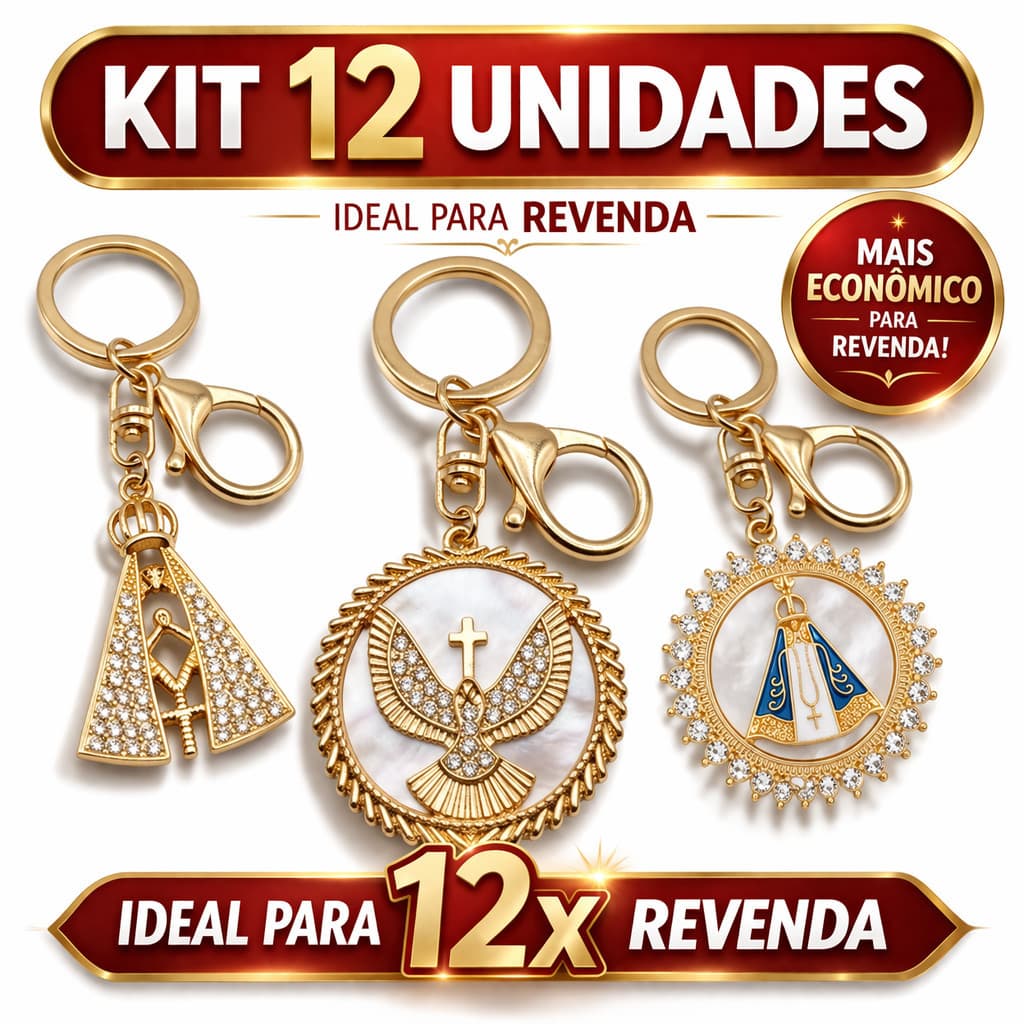 Kit 12 Chaveiros Religiosos Dourados com Strass Nossa Senhora e Espírito Santo – Ideal para Revenda e Presente
